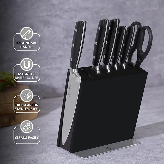 Knife Set, 7 Piece Sharp Chef Knife Set with Solid Wood Block, Unique One-Sided Magnetic Design, Full-tang Stainless Steel Knife Block Set for Home and Restaurants, Elegant Black