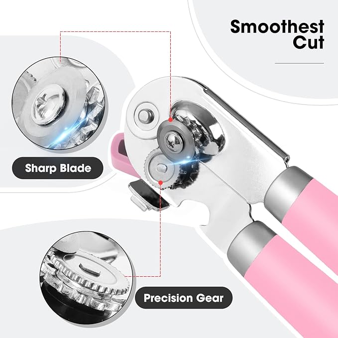 Beneno Heavy Duty Hand Can Opener Manual with Magnet, Durable Sharp Carbon Steel Blade Smooth Cutting, Big Effort-Saving Knob & Soft Grip Handle, Multifunctional Kitchen Tool with Bottle Opener, Pink