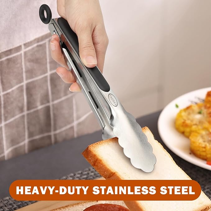 TACGEA Stainless Steel Kitchen Tongs, Silicone Non-slip Grip, Locking Grilling Food Tongs Set of 3-7inch, 9inch and 12inch