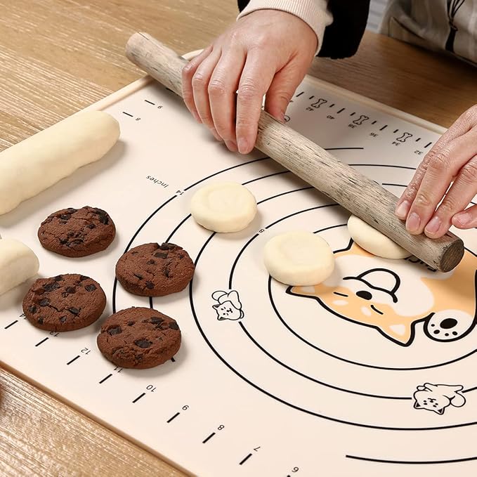 Silicone Pastry Mat 32"*24" Extra Thick Non Stick Baking Mat Food Grade Silicone Dough Rolling Mat with Edge Heightening Large Cartoon Beige
