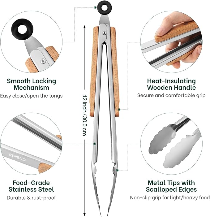 Beneno 12-Inch Food-Grade Stainless Steel Kitchen Tongs with Heat-Insulating Wooden Handle & Non-Slip Scalloped Tips, Heavy Duty Locking Food Tongs for Cooking, Grilling, BBQ and Serving