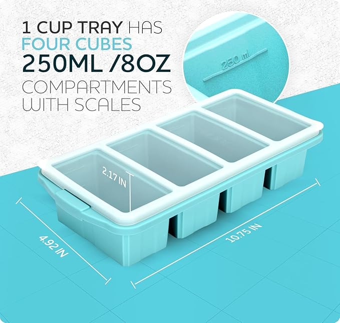 Silicone Freezer Tray With Lid - Soup Freezer Container molds - Large Ice Cube Tray- makes 8 perfect 1 cup portions cubes, 1-Pack Freezer Storage Food Soups & Meal Prep - Oven & Dishwasher -Safe