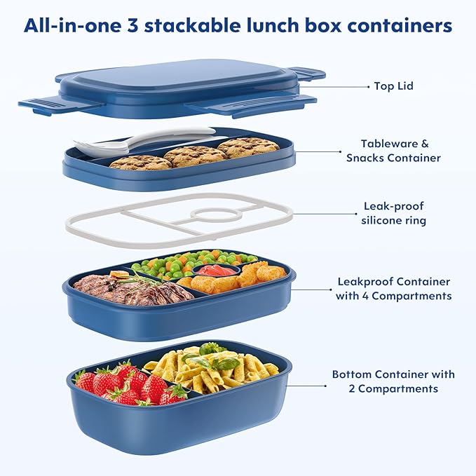 Stackable Bento Box Adult Lunch Box, Large Capacity 1900ml Lunchbox with Utensil Set, Leak-Proof for Dining Out, Work, Picnic, School