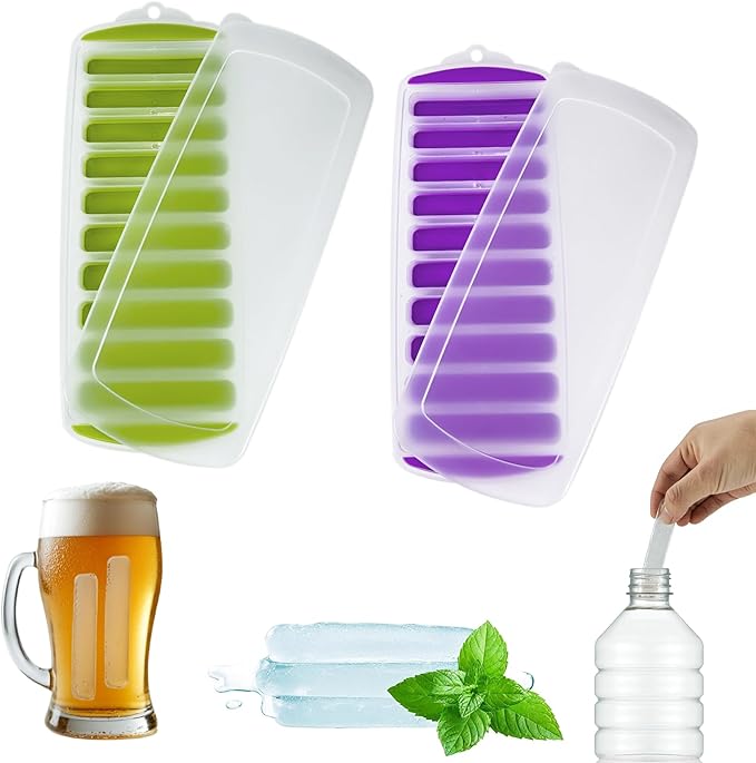 Lily's Home Silicone Ice Cube Tray with Lid Set of 2, BPA-Free, Ideal for Water Bottles & Sports Bottles, Flexible & Stackable Design for Quick Release, Ice Cube Trays for Freezer(11.81"*4.72"*0.95")