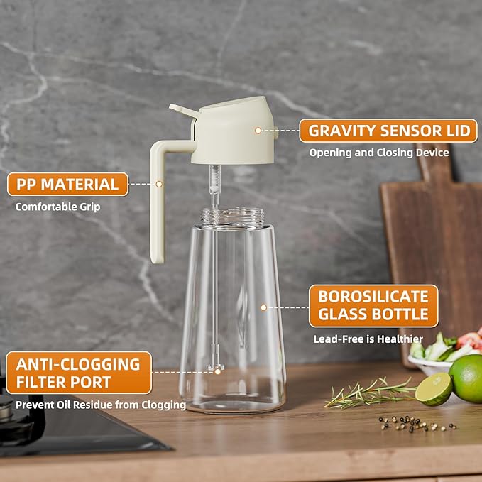 Marbrasse Oil Dispenser for Kitchen,20 OZ /600ml Leakproof Glass Oil Bottle with Auto Flip Cap,Olive Oil Dispenser for Kitchen Cooking（Beige）