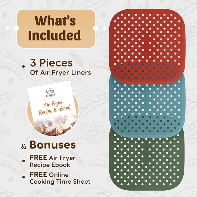 Reusable Square Silicone Air Fryer Liners (7.5 Inch, 3 Pack) by Linda’s Essentials - Non-Stick, Easy-Clean Accessories with Cheat Sheet & Recipe Book, Perfect for Quick Meals
