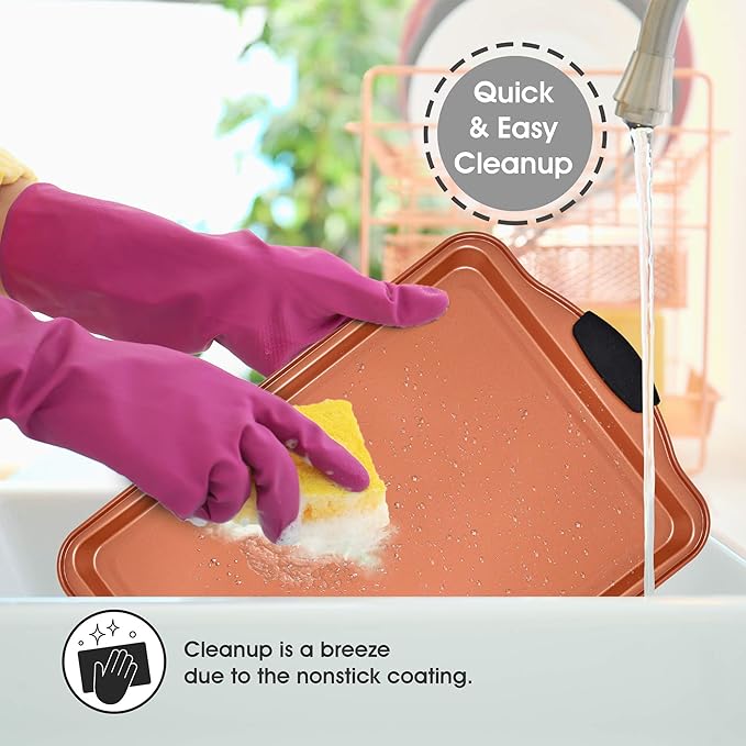 Perlli Baking Sheet 4 Piece Set Nonstick Copper Carbon Steel Oven Bakeware Kitchen Set with Silicone Grips, Includes 2x 9x13" Cookie Sheets, 9x13" Baking Pan with Plastic Lid