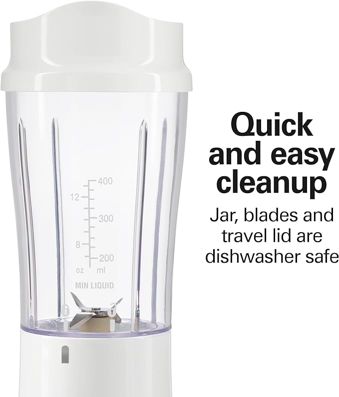 Hamilton Beach Portable Blender for Shakes and Smoothies, 14 Oz BPA Free Travel Cup & Lid, Durable Stainless Steel Blades, Personal Smoothie Blender, White ( 51101V)