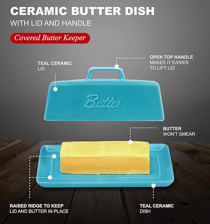 Bruntmor Porcelain Butter Keeper With Handle Cover, French Butter Dish Ceramic Butter Holder Container for Countertop, Butter Dish with Lid, Teal