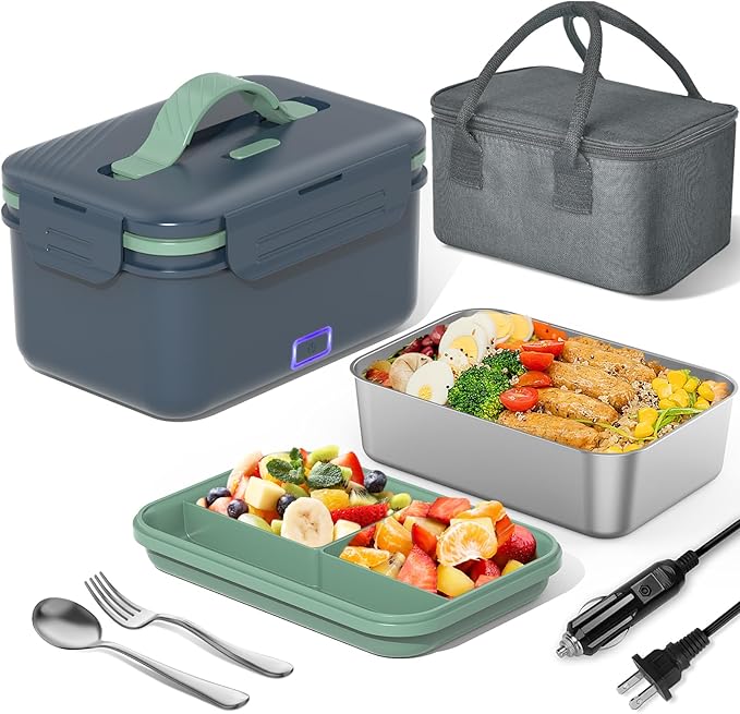 Electric Lunch Box Food Heater 100W, 4 in 1 Ultra Quick Heated Lunch Boxes for Adults 12V/24V/110V/220V Portable Food Warmer for Car/Truck/Office With Fork Spoon and Insulated Carry Bag