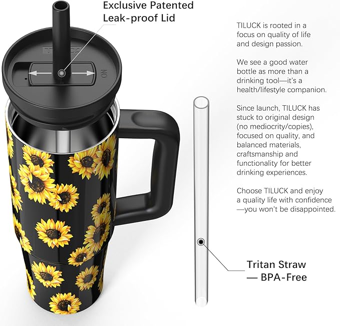TILUCK 30 oz Tumbler with Handle, Vacuum Insulated Stainless Steel Travel Mug with 100% Leak-Proof Silicone Straw Lid, Cupholder Friendly Water Bottle(SunFlower, 30oz)