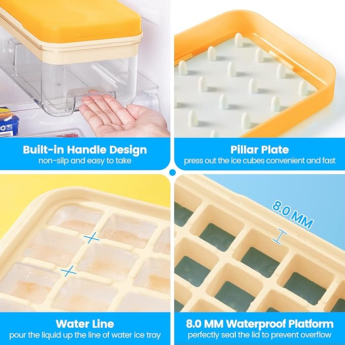 PHINOX Ice Cube Tray with Lid and Bin, 3 Pack Plastic Ice Cube Tray Molds, 96(4 * 8 * 3) pcs Ice Trays for freezer, Chilling Drinks, Whiskey & Cocktails, with Ice Container and Ice Scoop, BPA-Free