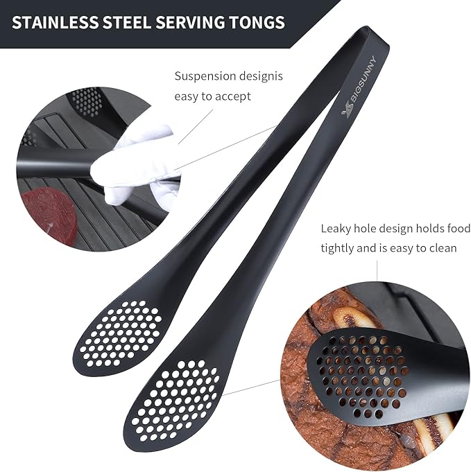 MSY BIGSUNNY Kitchen Buffet Tongs - Heavy Duty Food Serving Set for Cooking, BBQ - Metal Salad Tongs Set of 3 (Black 7" 9" & 11")