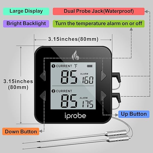Dual Probe Digital Meat Thermometer - Waterproof, Rechargeable, Bright LCD, Magnetic, Suitable for BBQ, Grill, Smoker, and Oven