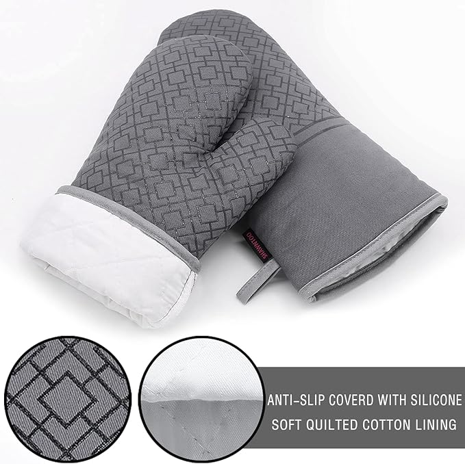 Oven Mitts and Pot Holders Sets 6pcs, Kitchen Oven Glove,High Heat Resistant 550 Degree Extra Long Oven Mitts and Potholders with Non-Slip Silicone Surface for Apartment Essentials (Grey) (Gray)