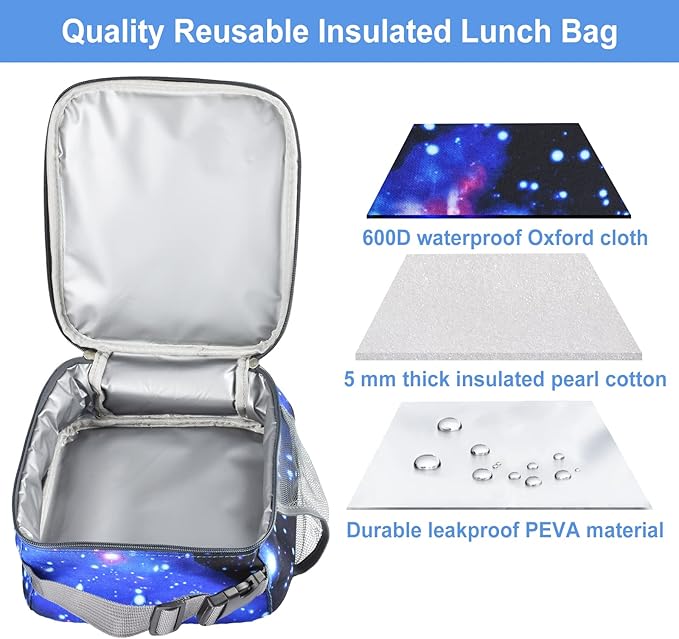 Insulated Lunch Bag, Leakproof Portable Lunch Box for Women Men Boys Girls, Large Capacity Cooler Bag with Handle and Bottle Pocket for Office School Camping Hiking Outdoor Beach Picnic (Stars)