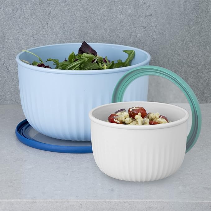 Oggi Prep, Store & Serve Plastic Bowl w/See-Thru Lid- Dishwasher, Microwave & Freezer Safe, (2.6 qt) White/Aqua