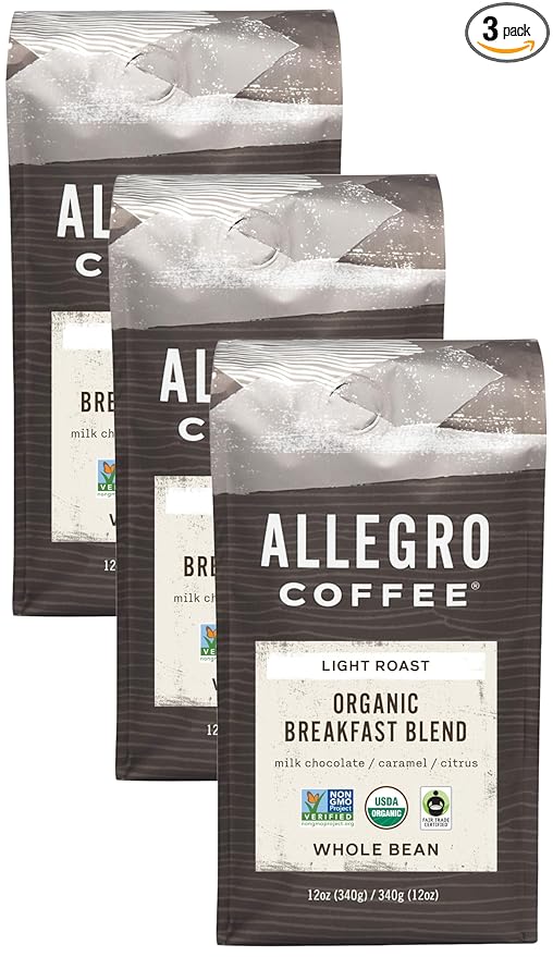 Allegro Coffee Organic Breakfast Blend Whole Bean Coffee, 12 oz (Pack of 3)