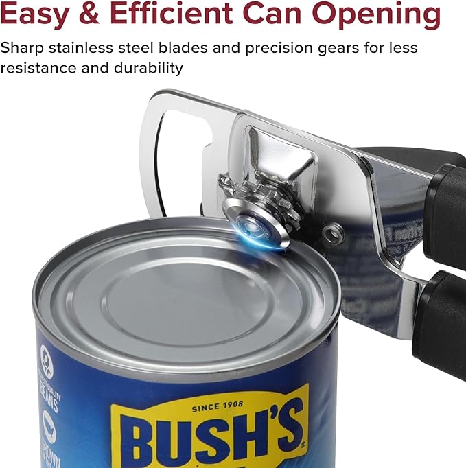Can Opener Manual 2-in-1 with Magnet, Hand Held Can Openers with Stainless Steel Sharp Blade (Smooth Cut), Large Effortless Turn Knob, Non-Slip Soft Rubber Handle, Built-Bottle Openers, Black