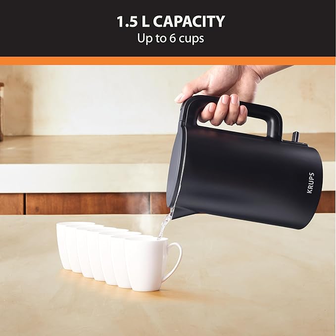 KRUPS 1.5L Electric Kettle Stainless Steel Cool Touch Interior, Fast Boiling, One Cup in 80 Seconds, Double Wall, Auto Off, Keep Warm, Hot Water Kettle Electric, Cordless, Black