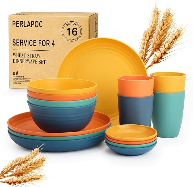Wheat Straw Dinnerware Sets, Unbreakable Plates and Bowls Sets of 16, Kids Dinnerware Set Sevice for 4, Dishwasher & Microwave Safe Dish Set for Kitchen, Outdoor, Camping - Multi