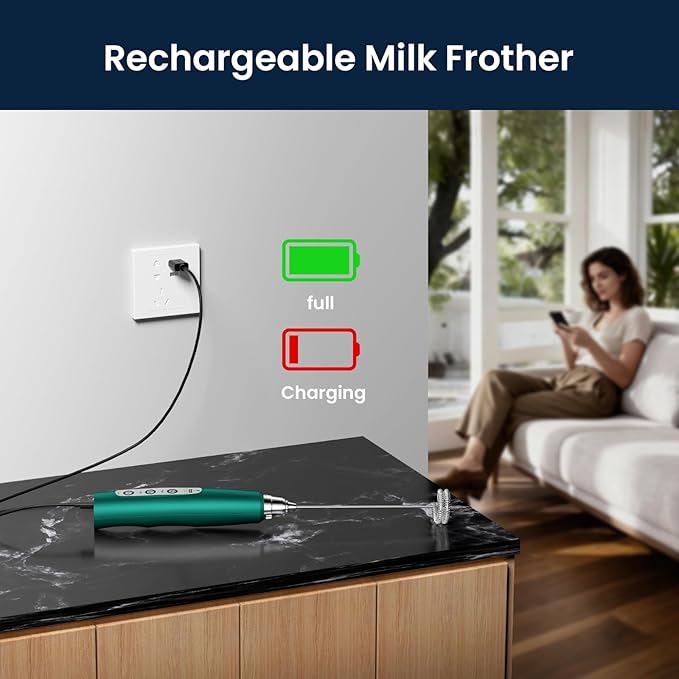 Milk Frother Rechargeable Handheld-Electric Whisk 3 Speed Adjustable, Coffee Frother Wand with 3 Stainless Whisks, Electric Foam Maker, Drink Mixer Blender for Latte Cappuccino Matcha Egg