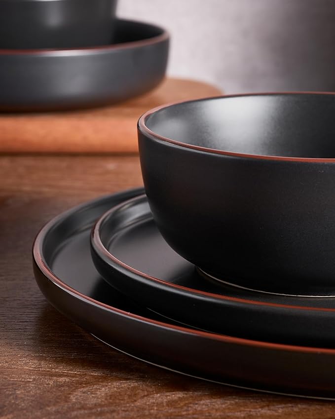Famiware Mercury 24 Pieces Dinnerware Sets, Plates and Bowls Sets for 8, Microwave and Dishwasher Safe Dish Set, Black