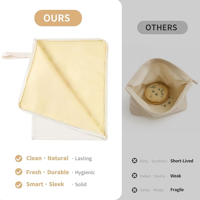 Wide Zipper Access Cotton &Beeswax Bags for Homemade Bread 2 Pack XL Reusable Beeswax Bread Bags for Homemade Bread Freezer Organic Cotton Food Storage Bags to Keep Fresh