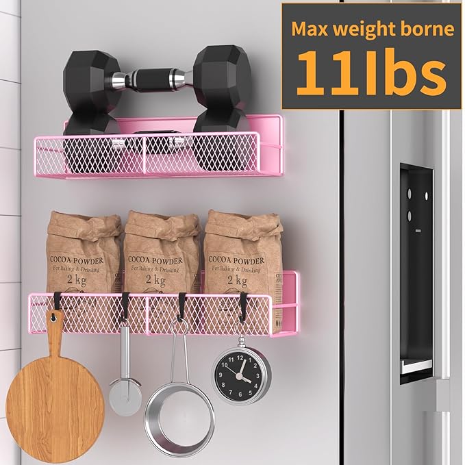 Magnetic Spice Rack for Refrigerator, 2 Pack 100% Metal Strong Magnet Shelf, Space Saving Spice Organizer W/ Hooks, Movable Magnetic Fridge Shelf, Kitchen Home Laundry Room Storage Organization, Pink