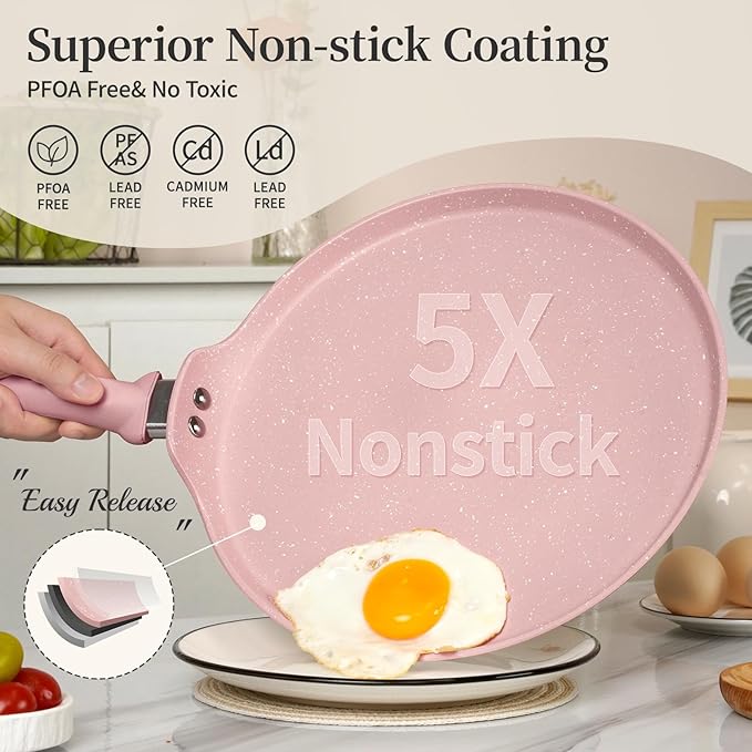 Innerwell Nonstick Crepe Pan, Granite Coating Flat Skillet Dosa Tawa Tortilla Pan, 10 inch Pink Pancake Griddle Roti Pan With Stay-Cool Handle, Induction Compatible, PFOA Free