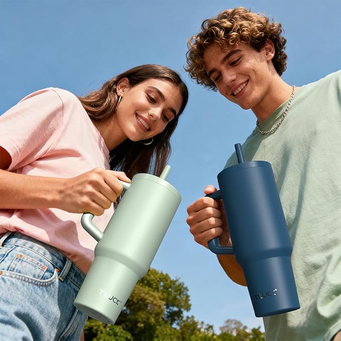 TILUCK 30 oz Tumbler with Handle, Vacuum Insulated Stainless Steel Travel Mug with 100% Leak-Proof Silicone Straw Lid, Cupholder Friendly Water Bottle(PinkPurpleGradient, 30oz)