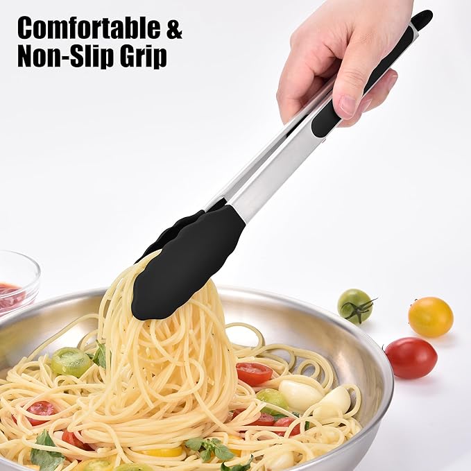 Doosu Kitchen Tongs for Cooking - 600°F Heat Resistant Food Tong Set with Non-Scratch Silicone Tips, Heavy Duty Stainless Steel Locking Tong for BBQ, Grilling Steak, Serving Salad (7+9+12in, Black)