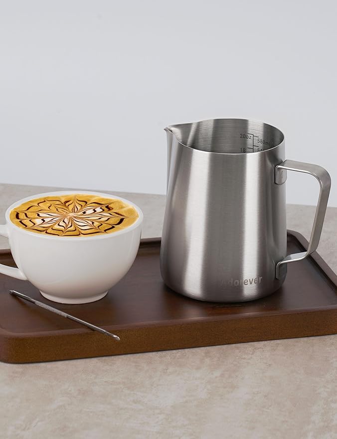 Milk Frothing Pitcher, 20oz Stainless Steel Milk Frother Cup Steaming Pitcher, Cappuccino Espresso Accessories Coffee Bar Barista Tools, Metal Steamer Cup Milk Jug with Latte Art Pen, Matte Steel
