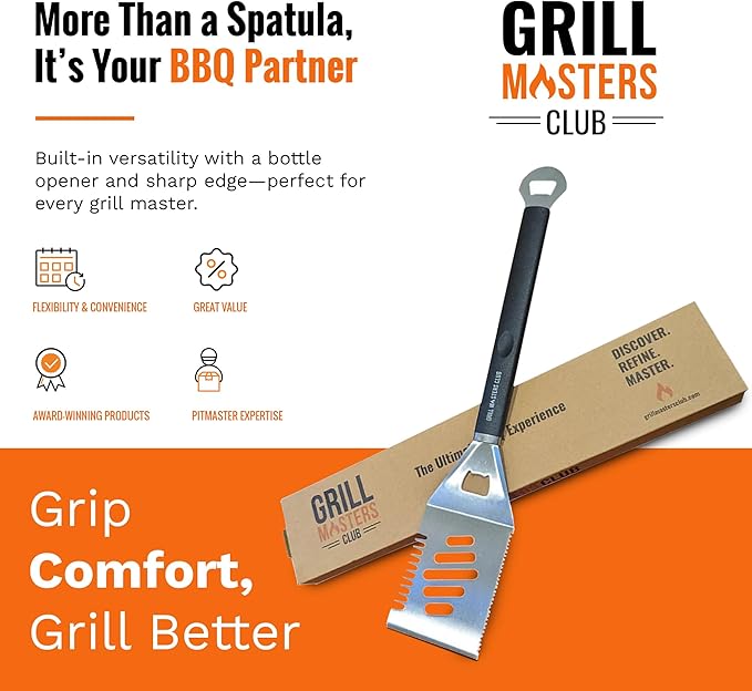 Grill Masters Club 4-in-1 BBQ Spatula | Multifunctional Stainless Steel Grill Spatula with Polypropylene Handle, Serrated Edges, Bottle Opener | Perfect for BBQ grills, kebabs for Camping & Picnics