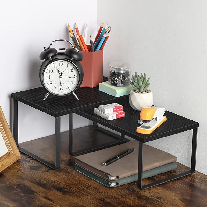 CADUKE Set of 4 Kitchen Counter Shelves Stackable Shelf Organizer Wood Countertop Shelves Expandable Cabinet Shelf Organizers Countertop Storage Rack for Pantry, Industrial Black