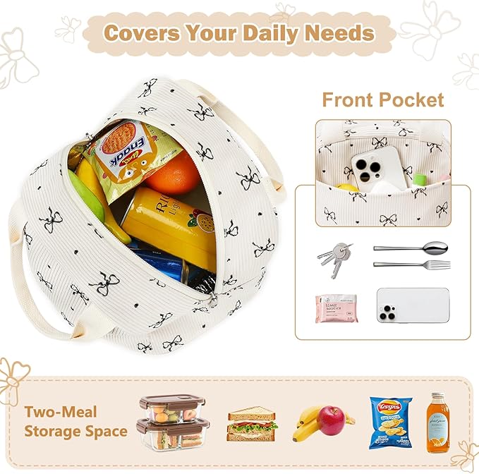 EurCross Cute Bow Tie Lunch Bag for Girls, Ivory Corduroy Insulated Lunch Bag for Two-Meal Space Perfect for School Days, Commuting, fits Bento Boxes, Round Containers, Designer Lunchboxes