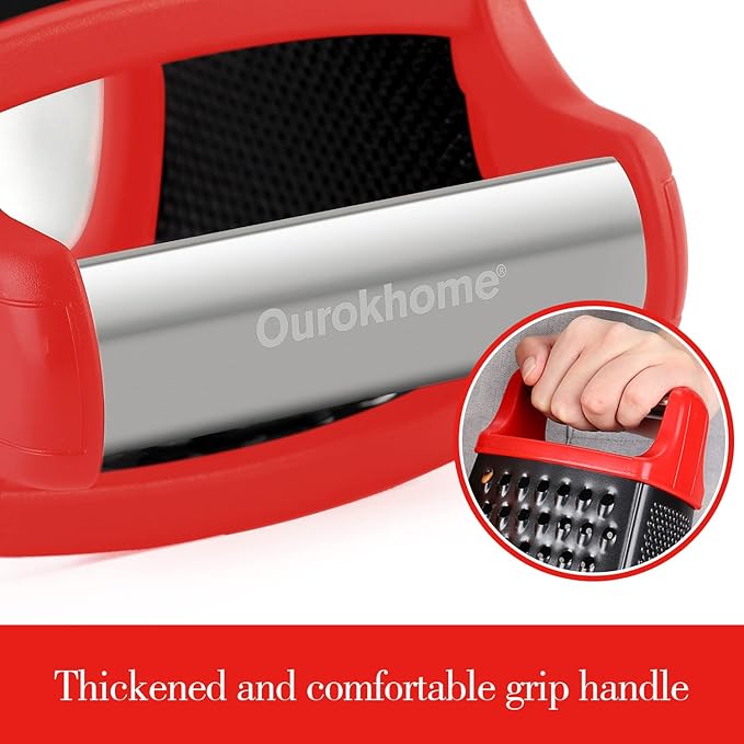 Ourokhome Cheese Grater with Handle, Stainless Steel Box Grater, 4 Side Kitchen Vegetable Shredder Slicer Zester with Container for Parmesan, Cabbage, Ginger, Lemon, Chocolate, Coconut (Red and Black)