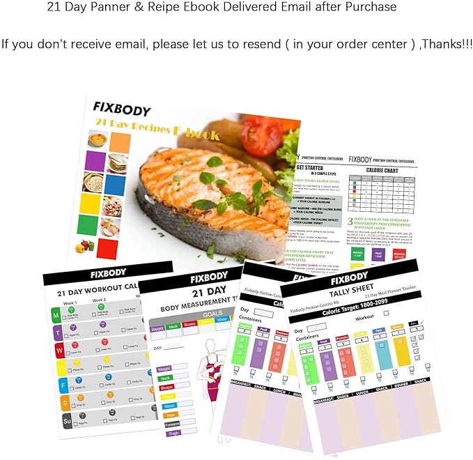 FIXBODY 7PCS Portion Control Containers, Color-Coded Labeled, 21 Day Lose Weight System (Use Guide, 21 Day Tracker and Recipe Ebook Include)