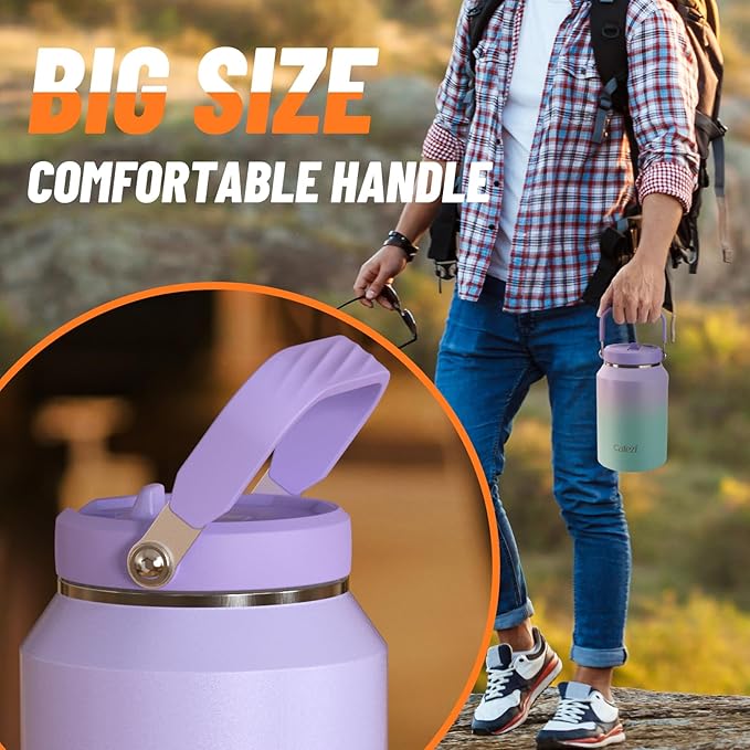 Half Gallon Water Jug 64oz, Stainless Steel Water Bottles with Flip Straw and Top Handle, Leak Proof, No Sweat, Iced for 34 Hours, Vacuum Insulated Cup for Home, Office, Outdoors, Car