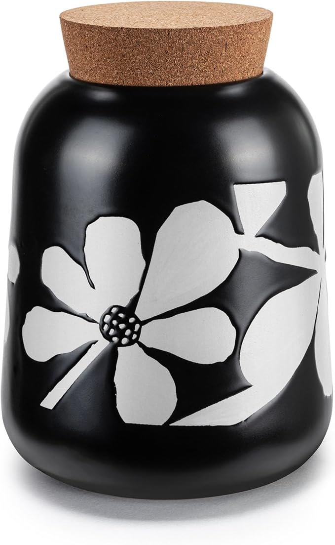 DEMDACO Bold Floral Medium Cork Lid Trendy Storage Black 4.5 x 6.5 Stoneware Canister Container