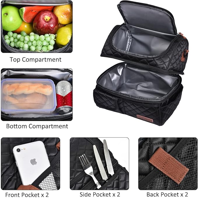 LOKASS Lunch Box for Women-Double Deck Insulated Adults Lunch Bag with Removable Shoulder Strap- Cute Wide Open Lunch Tote for Work/Office/Picnic/Beach/Travel (Square)