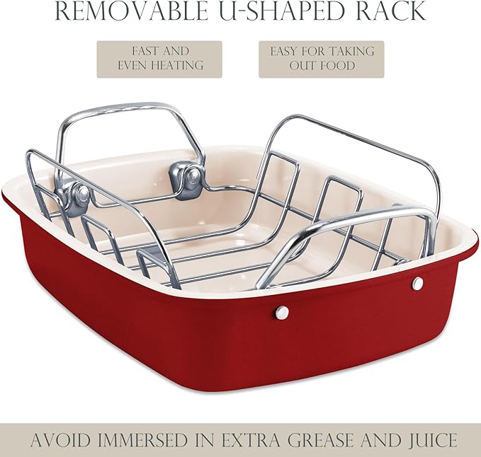 KITESSENSU Nonstick Turkey Roasting Pan with Rack 17 x 14 inch - Large Chicken Roaster Pan for Oven - Wider Handles & Heavy Duty Construction - Suitable for 24lb Turkey, Red