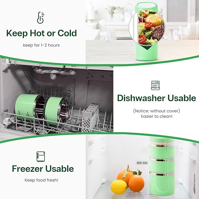 Lille Home Stackable Stainless Steel Lunch Containers, 43OZ Capacity 3 Layers Leakproof Bento Box for Adult, Portable Lunch Box for Women, Man, Travel, Office with Lunch Bag (Green.Pro)