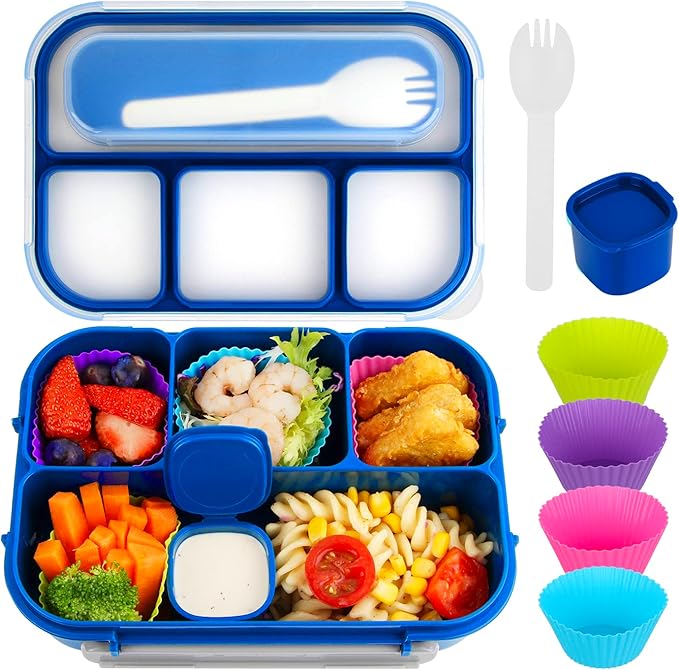 MaMix Bento Lunch Box Adult Box, Kids, Containers for Adults/Kids/Students,1300ML-4 Compartment (bright blue)