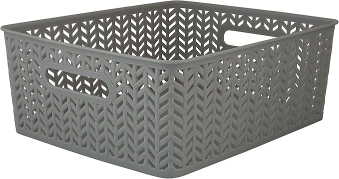 Simplify 2 Pack Medium Herringbone Storage Basket | Dimensions: 14"x11.5"x5.15" | Sturdy Polypropylene Plastic | 2 Open Handles | Lightweight | Home Organization | Heather Grey