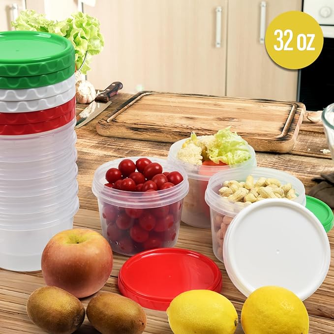 EONJOE 32oz Plastic Containers with Lids,Reusable Freezer Meal Prep Food Leftover Storage Jars Bowls Stackable,12-pack