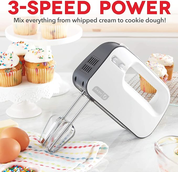 Dash SmartStore™ Deluxe Compact Electric Hand Mixer + Whisk and Milkshake Attachment for Whipping, Mixing Cookies, Brownies, Cakes, Dough, Batters, Meringues & More, 3 Speed, 150-Watt – Grey