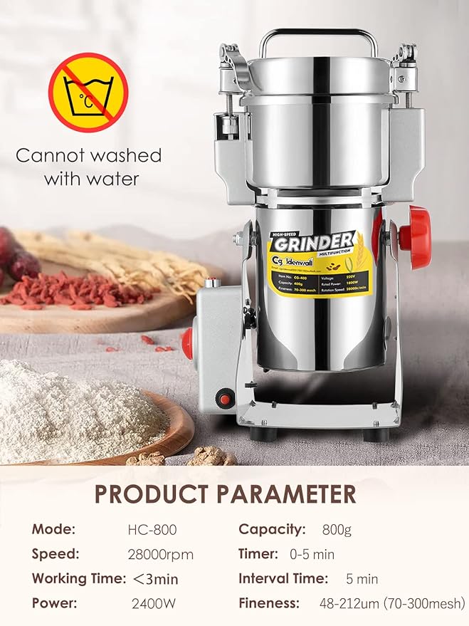 CGOLDENWALL 800g Electric Grain Grinder Mill Safety Upgraded 2400W High-speed Spice Herb Grinder Commercial Superfine Machine Dry Cereals Pulverizer CE 110V (800g Swing Type)