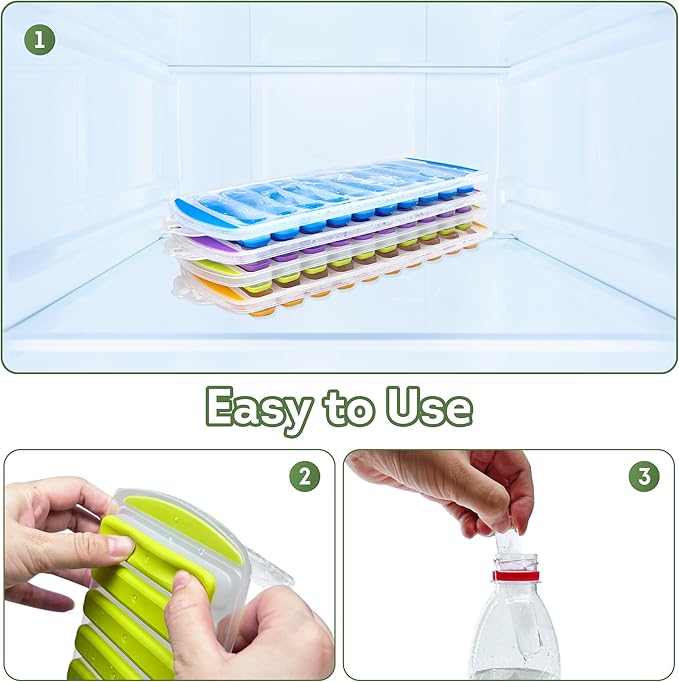 Lily's Home Set of 4 Silicone Ice Cube Tray without Lid, BPA-Free, Ideal for Water Bottles &Sports Bottles,Stackable Design for Quick Release, Skinny Ice Cube Trays for Freezer(11.81"x4.61"x0.75")