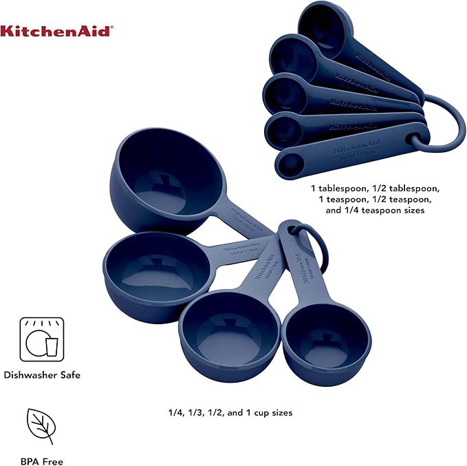 KitchenAid Universal Easy To Read Measuring Cup and Spoon Set with Soft Grip Handle for Maximum Control, Hang Hole and Nesting For Easy Storage, Dishwasher Safe, 9 Piece, Ink Blue